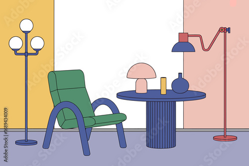 Modern minimalist interior scene with abstract elements