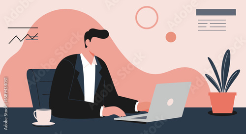 A professional businessman works diligently on his laptop at a modern office desk, embodying productivity, remote work, and corporate success.
