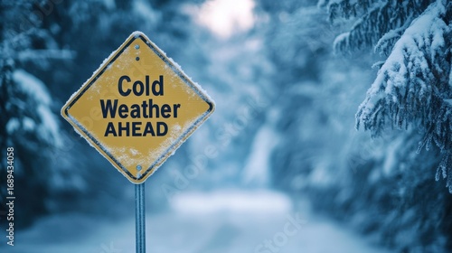 A yellow diamondshaped road sign warns cold weather ahead on a snowcovered road surrounded by frosted trees, indicating hazardous winter driving conditions