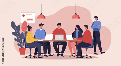 Diverse business team collaborating in a modern office meeting, utilizing laptops for productivity and discussion. Ideal for corporate communication and teamwork concepts.