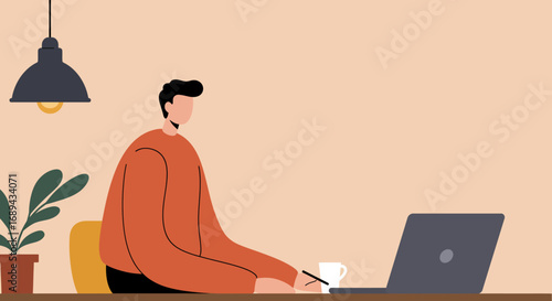 Focused person working remotely on a laptop in a calm, modern home office. Ideal for themes of productivity, online work, and digital lifestyle.