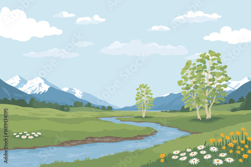 Vibrant digital illustration of a lush spring landscape with rolling hills and blooming flora