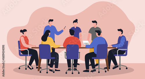 Diverse business team collaborating in a meeting, discussing strategy and ideas in a professional office setting. Ideal for corporate and project themes.