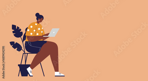 Woman working remotely on laptop at home or cafe, embodying modern productivity, online education, and flexible lifestyle. Ideal for business and technology themes.