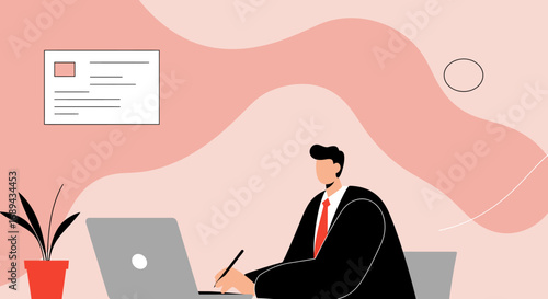 Professional man working diligently at his laptop in an office setting. Ideal for business, remote work, or productivity concepts.
