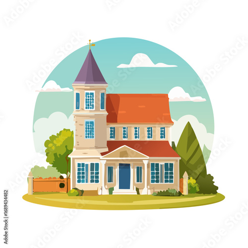 Stylized house with tower architecture and red roof tile against blue sky landscape, residential building with green trees vector illustration