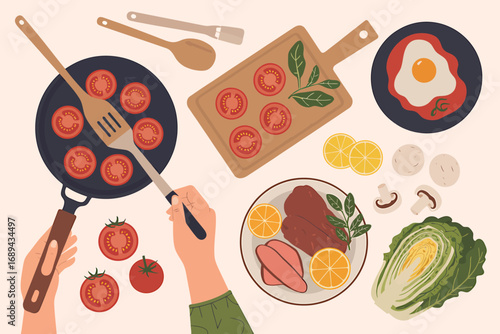 Flat lay illustration of a kitchen scene with cooking utensils
