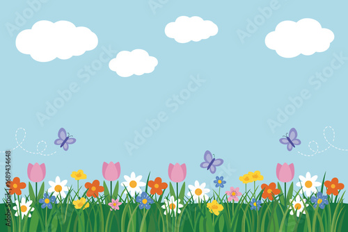 Vibrant spring meadow scene with flowers and greenery