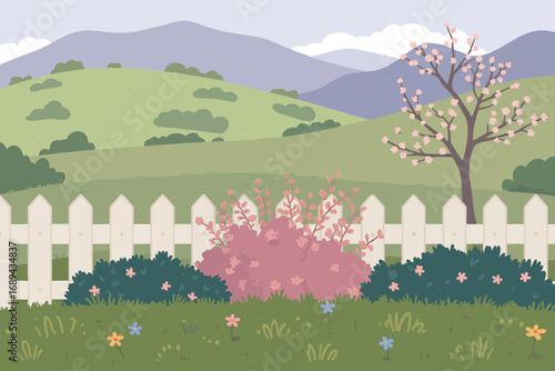 Digital illustration of a peaceful spring landscape banner