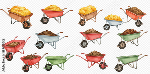A set of hand-drawn watercolor illustrations of colorful wheelbarrows filled with hay, straw, and rich garden soil.