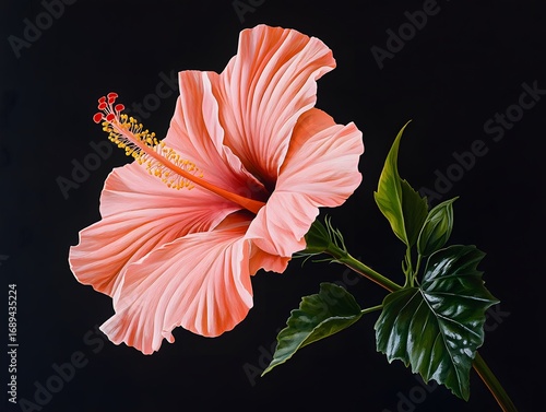 Stunning Peach Hibiscus Flower on Black Background Botanical Art