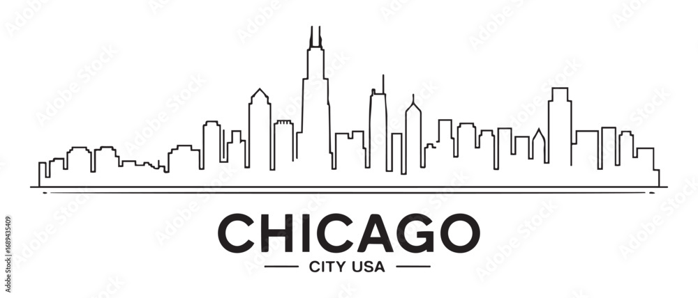 Fototapeta premium Chicago city Line Art skyline horizontal banner. Black Chicago city, USA. Vector template for your design. with white background