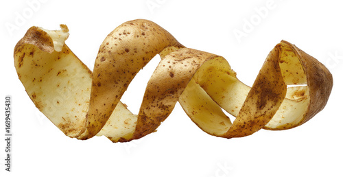 Peeled potato spiral,  close-up.  The potato skin is removed, creating a  curly spiral.  Light beige inner potato flesh,  dark brown speckles on the peel.  Isolated against black background