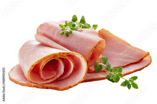 Sliced ham, curled and overlapping, with fresh thyme sprigs