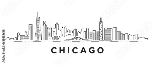 Chicago city Line Art skyline horizontal banner. Black Chicago city, USA. Vector template for your design. with white background