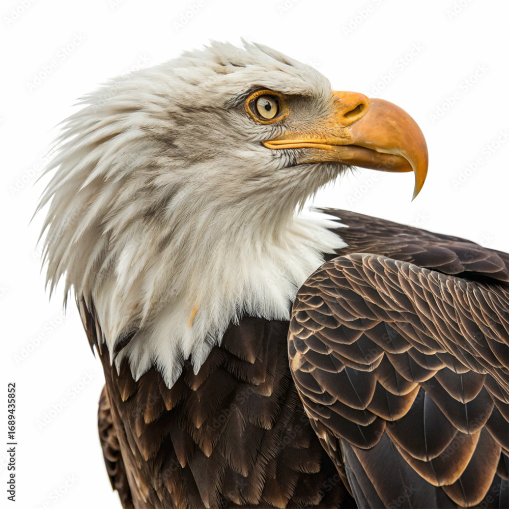 Obraz premium Majestic bald eagle perched on weathered branch, symbolizing freedom and power, ready for flight. 