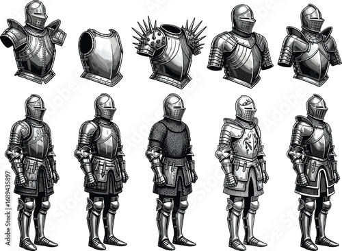 Medieval knight armor vector set, full body and torso armor illustrations, ancient battle suit clipart, historical metal suit design