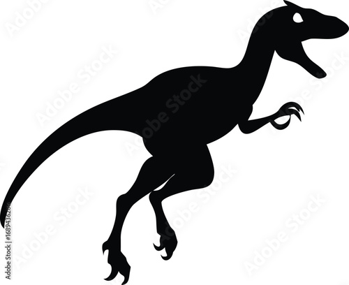Black silhouette of a velociraptor dinosaur in motion silhouette