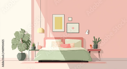 Elegant bedroom interior design vector illustration with pink walls paintings and plants for a peaceful morning