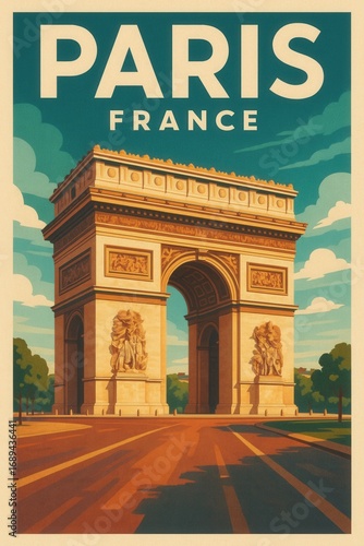 A bold vintage illustration of the Arc de Triomphe in Paris France standing tall under a vibrant sky with trees and empty streets in the foreground