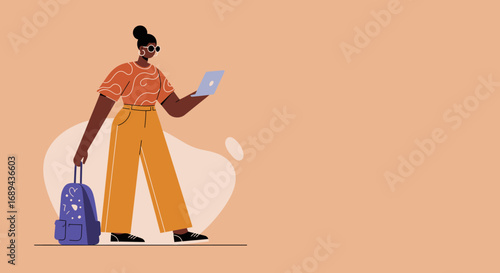 A stylish woman walks with a backpack and laptop, embodying modern independent work, travel, or education. Represents freedom and connectivity.