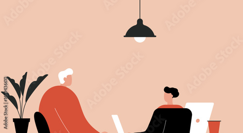 Two people collaborating in a modern, minimalist office setting, one working on a laptop. Ideal for business, teamwork, or remote work concepts.