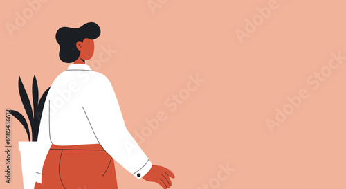 Minimalist vector illustration of a person standing, looking forward with a potted plant, symbolizing business, growth, and new opportunities in a modern, clean workspace.
