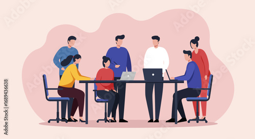 Diverse business team collaborating in a modern office, discussing strategies and working on laptops. Ideal for corporate, teamwork, and innovation concepts.