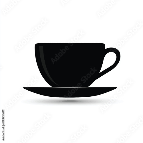 Elegant black coffee cup silhouette on a saucer representing morning routine and refreshment concept in isolated simplicity