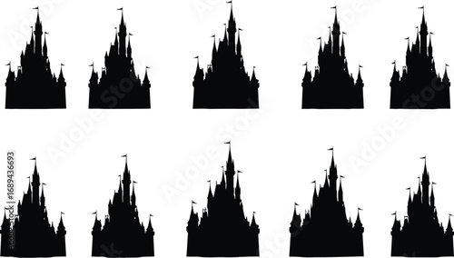 Silhouettes of fantasy castles, magical architecture, fairy tale buildings, medieval towers, enchanted structures, fantasy landmarks, historic castles, fantasy backgrounds, fantasy theme