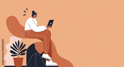 Modern person engaged with a digital tablet in a stylish, abstract setting. Perfect for themes of online learning, remote work, digital lifestyle, communication, and technological productivity.