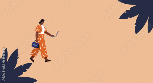 Modern professional woman walking with a laptop and bag, representing remote work, digital nomad lifestyle, or flexible business travel in a relaxed setting.