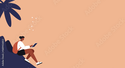 Woman working remotely on a tablet outdoors, embracing a digital nomad lifestyle and travel. Concept of flexible work, freelance, and technology.