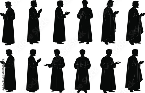 Silhouettes of male priest in different poses, religious figure, church leader, spiritual person, clergyman, worship, faith, prayer, religious attire, holy man