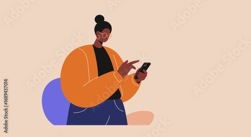 Modern woman engaged with smartphone, casually browsing or communicating. Represents digital connectivity, online services, social media, and mobile technology in everyday life.