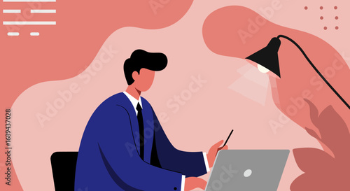 Professional businessman focused on work at his laptop under a desk lamp, symbolizing productivity, remote work, and modern business.