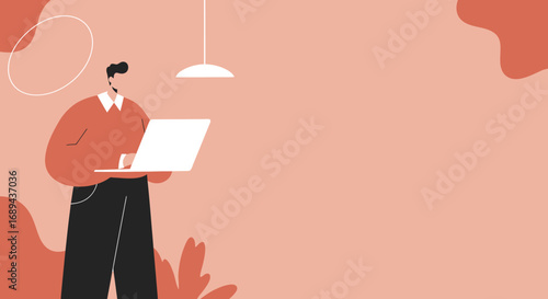 Man actively working on a laptop in a modern, minimalist setting, representing remote work, online learning, and digital productivity. Ideal for business and lifestyle concepts.