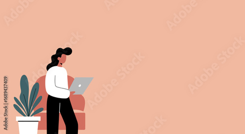 Woman working remotely on a laptop in a modern home office setting. Represents productivity, remote work, digital nomad lifestyle, and entrepreneurship.