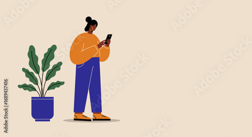 Modern woman focused on her smartphone, engaging with digital content in a minimalist setting. Represents contemporary communication, lifestyle, and technology.