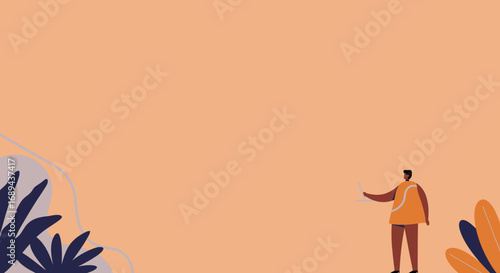 Modern illustration of a person working on a laptop in a calm, abstract botanical setting. Represents remote work, digital productivity, and a balanced lifestyle.