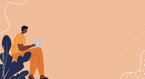 Modern illustration of a man using a laptop, representing remote work, online learning, or digital lifestyle. Perfect for technology, education, or casual business concepts.