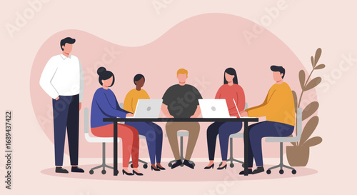 Diverse team collaborating in a modern office meeting, discussing business strategy and project development with laptops. Ideal for themes of teamwork, innovation, and startup culture.