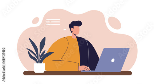 Focused man working remotely on his laptop from home. Depicts productivity, online learning, and modern flexible work lifestyle. Ideal for business and technology themes.