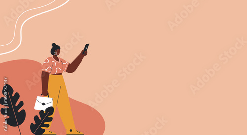 Stylish woman taking a picture with her phone, carrying a handbag, illustrating digital communication and a contemporary lifestyle.