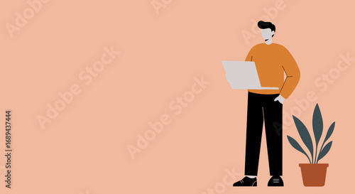 Modern man using a laptop, working remotely or studying online. Ideal for business, technology, education, or freelance lifestyle concepts.