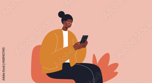 Modern woman with glasses sits relaxed, engaging with her smartphone. Ideal for themes of digital communication, online leisure, social media, or remote work.
