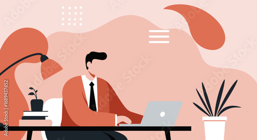 Professional man working remotely on a laptop in a modern office, showcasing productivity and digital workspace concepts for business, education, and lifestyle.