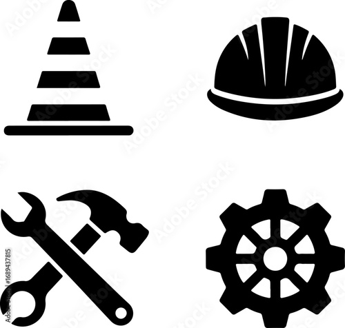 Construction Tools and Safety Gear Silhouettes – Hard Hat, Hammer, Wrench, Cone, and Gear