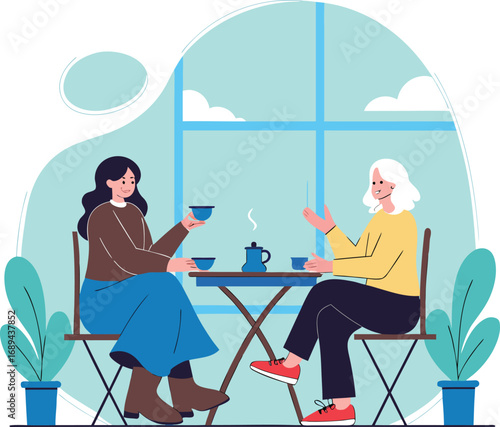 Two Women Chatting Over Coffee – Friendly Conversation at a Cozy Café