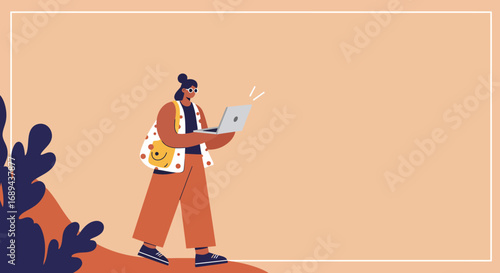 Modern traveler or digital nomad working remotely on a laptop outdoors. This illustration depicts freedom, connectivity, and flexible work-life balance.